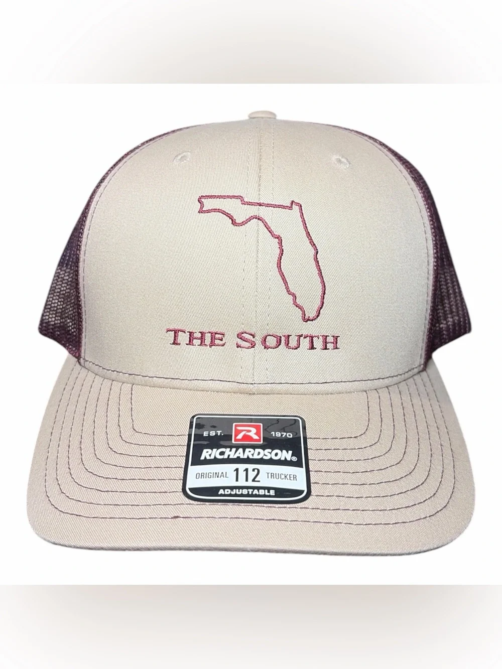 NWT Richardson Trucker Hat - 'The South' Embroidered Florida - Beige & Maroon